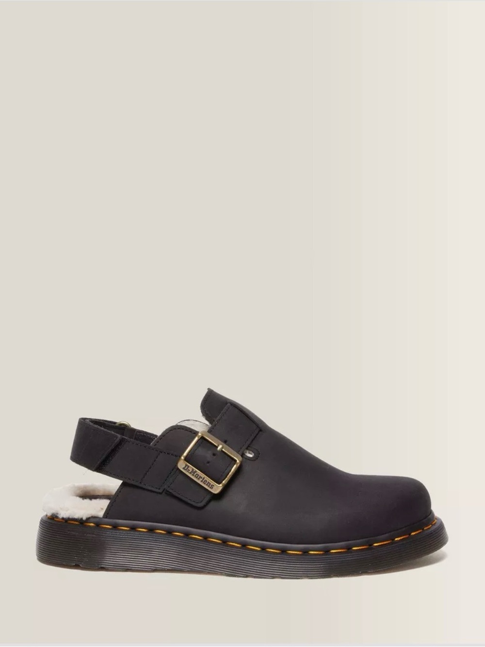 Dr. Martens Black Jorge II Fleece-Lined Slingback Mule with Gold Buckle (Unisex)